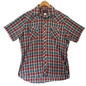 Vintage Wrangler Plaid Button Front Shirt Sz Lrg Tall Western Cowboy Ranch Style